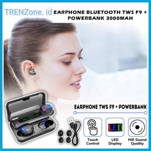 Headset Bluetooth TWS F9 + Powerbank 3000Mah Charging Case / Wireless Earphone Bass Stereo In-Ear Handsfree Earbuds Earphones