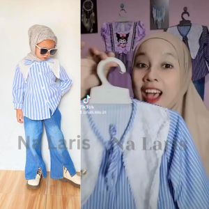 setelan jins anak perempuan impor model koreanstyle cute motif salur tile brukat celana cutbray usia 3-12 tahun setelan kemeja salur anak tanggung set lengan panjang oversize set anak perempuan terbaru-COD