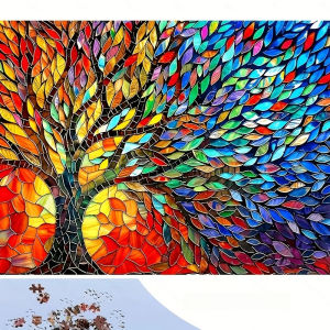 1000pcs Tree of Life Jigsaw Puzzle - Thick Durable Pieces with Vibrant Stained-Glass Style Mosaic Art Challenging Adult Puzzle