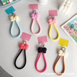 Daily South Korea Ins Style Pure Color Three-Dimensional Bows Young Adult Heart Clip Mobile Phone Lanyard Creative Drop-Resistant Silicone Wrist Band Hang Rope Applicable to All Phone Case Gasket Cards Pendants for Women