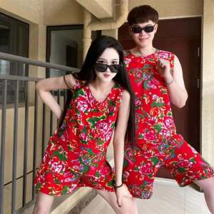 เสื้อยืดคอกลมแขนสั้นลายดอกไม้ใหญ่ ชุดสองชิ้น ฤดูร้อน แฟชั่นสตรีท ชุดสองชิ้น ชุดกระโปรง ชุดทำงาน เสื้อผ้าทำงาน