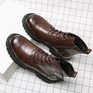 Chunky Boots for Men Genuine Leather Non-slip Military Ankle Boots Motorcycle Men Boots Lace-up Male Shoes