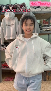 Áo Khoác Hoodie Nữ in Hello Kitty Có Khóa Kéo Chất Nỉ Bông Ấm Áp Phong Cách Hàn Quốc
