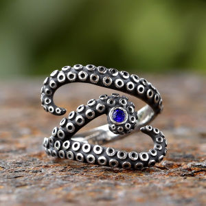 Fashion Men Rings WIth Blue Zircon Stainless Steel Vintage Octopus Style Irregular Pattern Trendy Accessories For Man Women Gift
