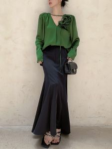 Loose Fit Satin Bubble Texture Shirt Dress V Neck Handmade Rose Flower Detachable Glossy French Style Womens Premium Shirt