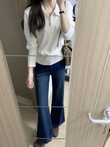 Áo Len Dệt Kim Tay Dài Cổ Polo Màu Trắng Phong Cách Hàn Quốc Cho Nữ Mùa Thu Mới Thon Gọn Áo Lót Cơ Bản