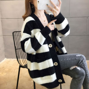 Thickened Stripe Mink Knitted Sweater Coat Womens Loose Lazy Style Mid-Length Top Spring Autumn Fashionable Open Cardigan