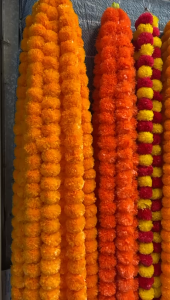 Traditional Handmade Marigold Flower Hanging with Pearls & Gota Balls | Ideal for Pooja Diwali & Navratri Decoration (Size - 4.7 ft | Pack of 1 Pc)