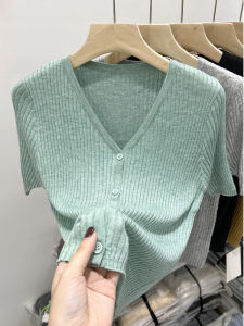 Spring V-Neck Knitted Blouse Ice Silk