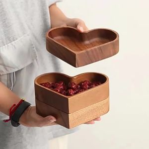 Creative Heart Shape Dessert Storage Box Solid Wood Candy Tray Natural Walnut Serving Platter Stackable Nut Bowl for Snacks