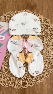 1 Set Mũ Bao Tay Chân sơ sinh Họa Tiết Bo Gấu CUNCON - Chất vải Cotton co giãn 4 chiều ấm áp thoải mái cho bé trai bé gái