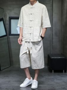 JIARONG | Dyed Breathable Mens Hemp Shirt and Shorts Set