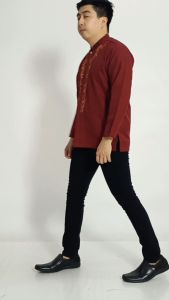 HABISIN STOK: Baju Koko Pria Lengan Panjang Maron Motif Bordir