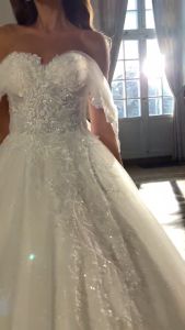 Floral Lace A-Line Wedding Dress Off Shoulder Sleeves Sweetheart Neckline Sparkle Bridal Gown Corset Back