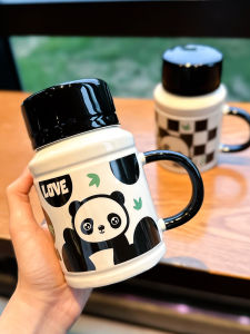 แก้วมัคแก้วดื่มน้ำสำหรับผู้หญิงดูแพงมีมูลค่าสูงสำหรับคนแพนด้าน่ารักพร้อมฝาช้อนแก้วเซรามิคความจุใหญ่