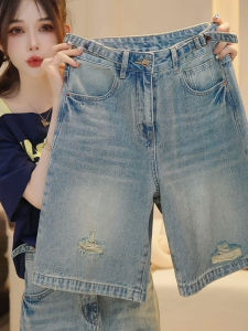 Shalldoer | Retro American Blue Jeans Short Pants Women High Waist Five Parts Hole Loose Wide Leg Summer Fashion Trousers Casual Shorts