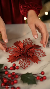 Artificial Glitter Christmas Poinsettia Flower Berry Picks with Leaves Christmas Ornaments for Xmas Tree Wreath Hanging Holiday Home Decor Supplies PH