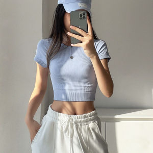 Cloud Shell Yoga Clothes Womens Summer Sports Fitness Short Sleeve Slimming Running Casual Short Top with Chest Pad