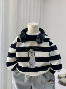 Boys Stripe Sweatshirt Spring Autumn Crew Neck Comfortable Cotton Blend Fabric Cartoon Print Casual Fashionable Top for Kids