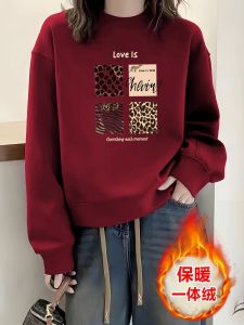 Áo Nỉ Lót Lông Cừu Dày Cổ Tròn Không Mũ Cho Nữ Mùa Thu Đông Phong Cách Hàn Quốc Dáng Rộng in Chữ Tay Dài