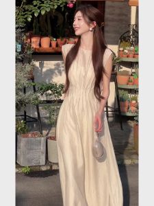 Elegant French Style Sleeveless round Neck Vest Dress Womens Mid-Length Casual Fashion Polyester Blend Comfortable Fit