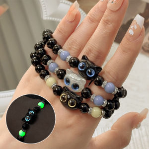 【♡Lovely girls house♡】Fashion Black Braid Bead Cat Luminous Bracelet for Women Men Couple Sweet Adjustable Bracelet Jewelry Gift