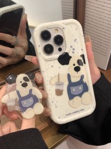 Cute Spill Ink Dog Phone Stand Full Cover Anti-Fall Soft Shell Silicone Cartoon Style for Samsung S23 Ultra S22 Note10+ S20FE A73 A52 A53/A54