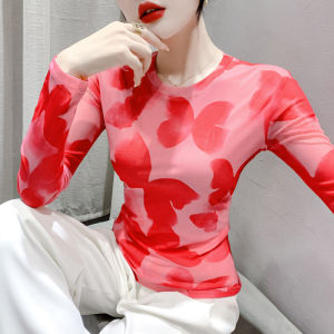 Quần Áo chống nắng mùa hè Yimei Áo thun lưới ôm vừa thời trang mới mùa thu 2023 áo in hình nơ cổ tròn tay áo dài nữ