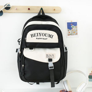 กระเป๋าเป้สะพายหลังผ้าใบลายทางสีพื้นสไตล์วิทยาลัยสำหรับนักเรียนมัธยมปลายและนักเรียนมัธยมต้น ความจุขนาดใหญ่ หลายช่อง กระเป๋าสะพายไหล่คู่สำหรับผู้หญิง