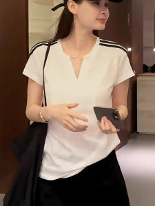 BINKAFENNY | Slim Fit Short Sleeve V-neck T-shirt Womens Plus Size Summer Top Color Block Shoulder Line Tee Casual Korean Style