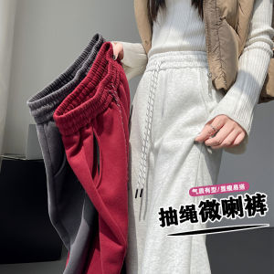 Womens Fleece Lined Micro Flared Pants High Waist Cotton Blend Comfortable Casual Trousers Thickened Autumn Winter Fashion