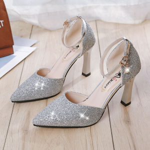 2024 Crystal Maids Wedding Shoes Metal Thick Heel Sandals Women Shiny High Heel Single Shoes Buckle Pure Color European Style