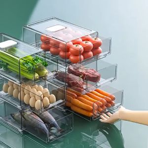 Food Storage Box Crisper Kitchen Fridge Drawer Organizer with Lid Transparent Acrylic Vegetable Fruit Meat Freezer Fresh Storage Organizer Cabinet Stackable Space Saving Keep Shatterproof Sorting