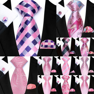 3Pcs Pink Color Mens Tie Pocket Square Cufflinks Set Jacquard Floral Plaid Solid 8CM Necktie for Male Wedding Business Party