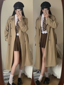 British Style Khaki Color Womens Long Coat 2025 Autumn Season Double Row Button Pure Color Loose Fit Commute Style Windbreaker
