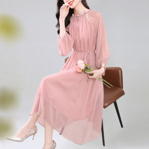 Elegant Silk Dress Gentle Style Ageless Sweet French Design Adjustable Waist Belt Floral Embellishment Long Sleeve A-Line Skirt