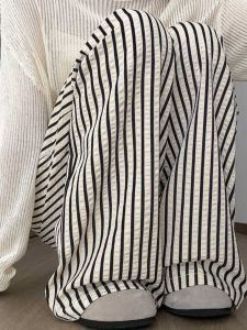 Plus Size Chubby Girl Ice Silk Thin Black and White Striped Pants Womens Summer New Arrival High Waist Slim Looking Walking Lazy Wide-Leg Pants