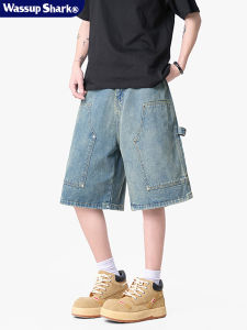 Quần Short Denim American Retro Workwear WASSUP SHARK Cho Nam Mùa Hè Quần Dài Năm Điểm Rộng Rãi Quần Jeans Ống Rộng Thường Ngày