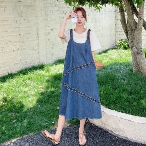 YINLUOYA | Summer Fashionable Denim Halter Dress Set Womens Loose Two-Piece Set Midi Length With Wood Grain Edge Short Sleeve Round Neck