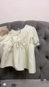 Áo babydoll cổ tròn thắt nơ Áo sơ mi nữ tay bồng thời trang Lucky Clothing 2901