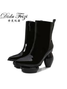 Spring 2025 Fashion Trend Pointed Toe Comfortable Short Boots Womens Waterproof Platform Side Zipper Patent Leather High Heels