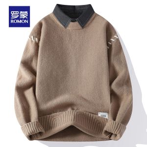 ROMON | Lomond Mens Lucky Year Fake Two-Piece Fleece-Lined Knitwear Shirt Collar Winter Warm Sweater Casual Loose Fit Long Sleeve