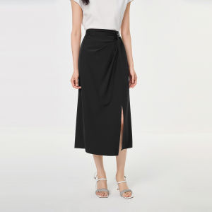 Koradior | Black Ruffled Slit Design Slimming Skirt