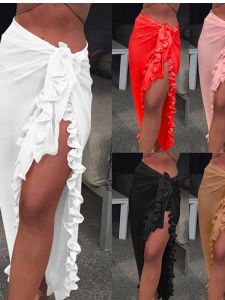 กระโปรงจีบผ้าชีฟองลายดอกไม้ไม่สมมาตรสำหรับผู้หญิงในช่วงฤดูร้อน เอวสูง กระโปรงยาวปานกลาง ผ้าชีฟอง กันแดด ไม่มีแผ่นรอง กระโปรงจีบ