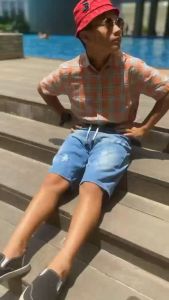 Celana Jeans Pendek Sobek Robek Anak SD SMP Cowok Laki Remaja Tanggung Umur 7 8 9 10 12 Usia 14 15 16 17 Tahun Thn Pinggang Karet Melar Warna Biru Navy Blit Muda Thin Brown