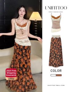 unifittoo | Summer Floral Halter Dress Set Womens Beach Vacation Long Skirt Two-Piece Ensemble A-Line Silhouette Sweet Style Polyester Fiber