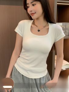 ZISU | White U-neck Short Sleeve T-shirt Womens Summer New Design Sensation Slim Fit Base Shirt Modal Top Shoulder U-shaped Design
