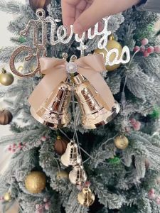 1PC Christmas Decorations For Home Jingle Bell Wreath Door Window Ornaments Gold Bell Hanging Baubles For Christmas Tree Pendant Ornament With Bow Ties Holiday Decor