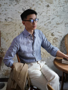 Classic Caroline Murat Linen Mens Shirt Casual Double-Collar Hidden Button Business Casual Blue Grey Cufflink Suitable for All Seasons