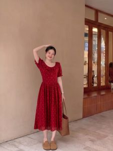 PAIBOLI | French Sweet Style Dress Large Size Dot Design Bubble Sleeve Red A-Line Mid-Length